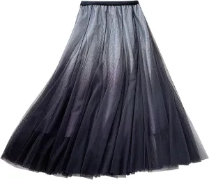 Women Shiny Sparkle Tulle Midi Skirts Elastic Waist Gradient Colour Pleated Layered Flowy Fairy A Line Skirt