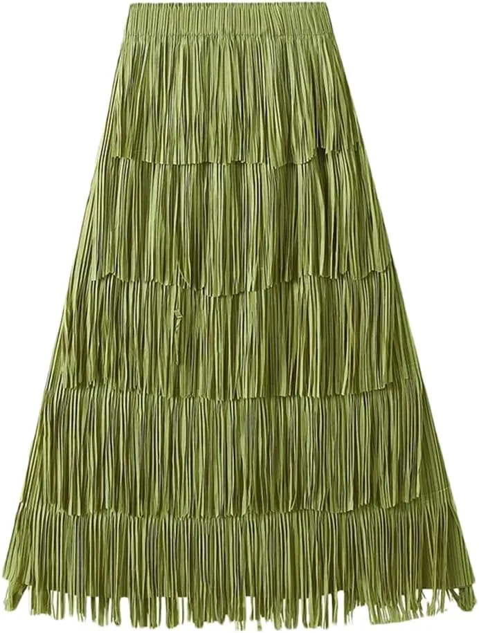 Women Solid Pleated Skirts Midi Long Tassel Skirt Elegant High Waist Layered Straight Skirt