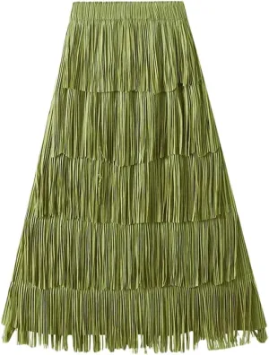 Women Solid Pleated Skirts Midi Long Tassel Skirt Elegant High Waist Layered Straight Skirt