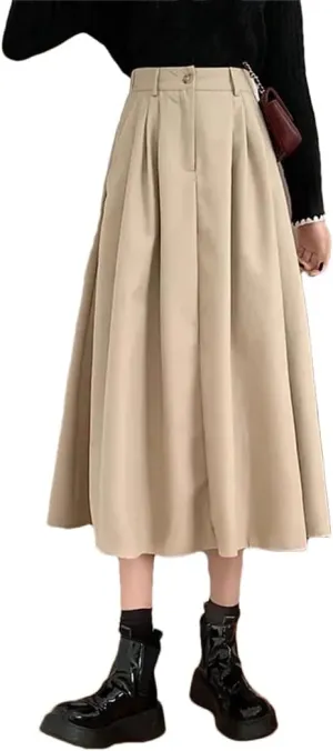 Women Spring Autumn Vintage Pleated Skirt High Waist Midi A-Line Skirt