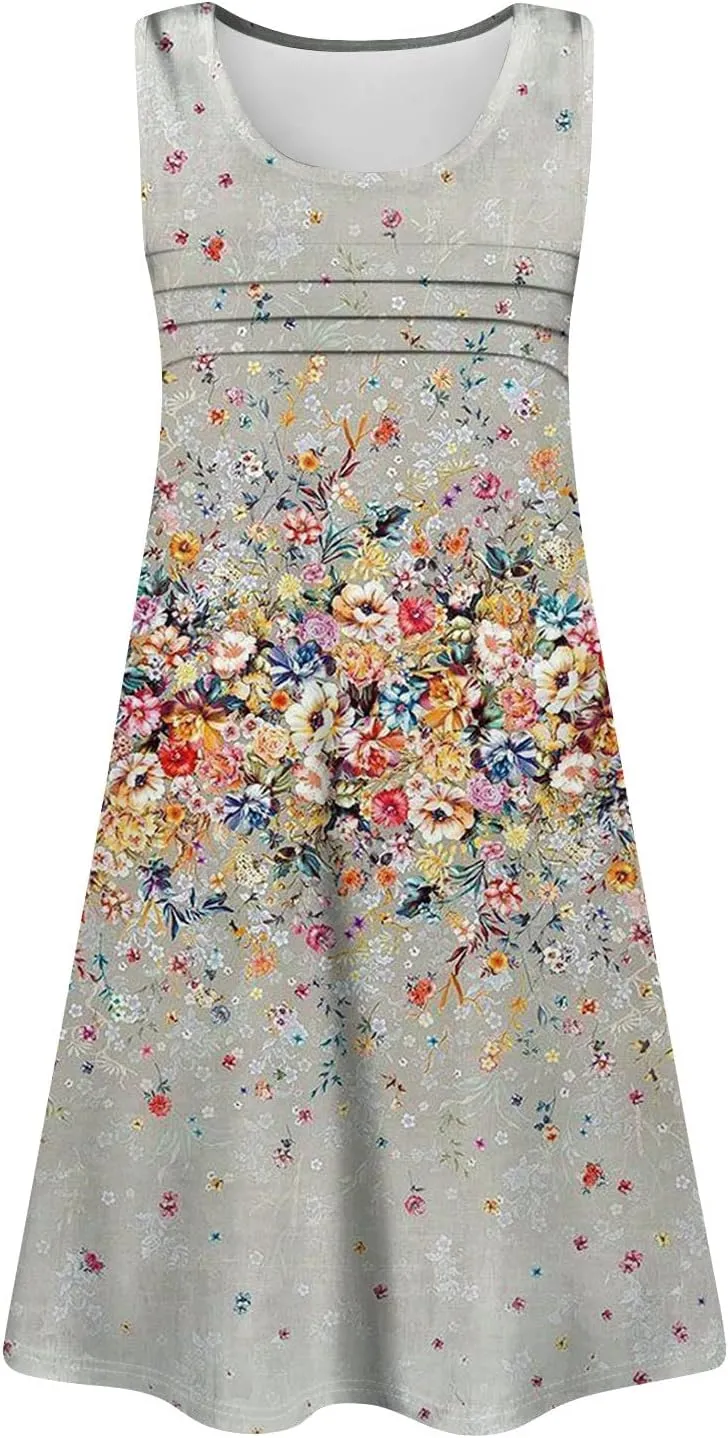 Women Summer Dresses Casual Beach Vacation Sundress Slim Striped Ruffle Floral Printed Hawaiian Tank Dress with Pockets