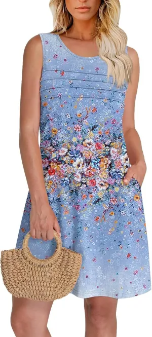 Women Summer Dresses Casual Beach Vacation Sundress Slim Striped Ruffle Floral Printed Hawaiian Tank Dress with Pockets