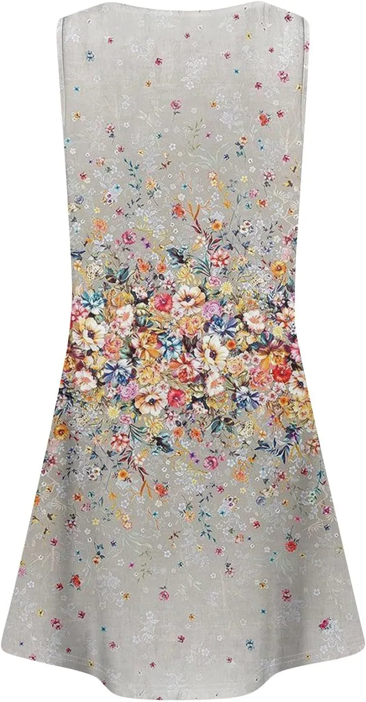 Women Summer Dresses Casual Beach Vacation Sundress Slim Striped Ruffle Floral Printed Hawaiian Tank Dress with Pockets