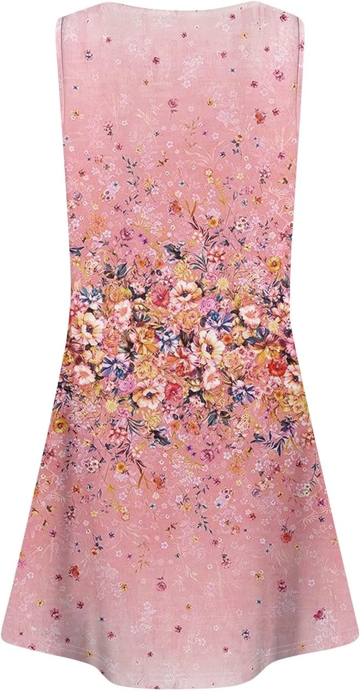 Women Summer Dresses Casual Beach Vacation Sundress Slim Striped Ruffle Floral Printed Hawaiian Tank Dress with Pockets