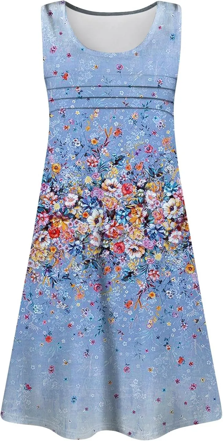Women Summer Dresses Casual Beach Vacation Sundress Slim Striped Ruffle Floral Printed Hawaiian Tank Dress with Pockets