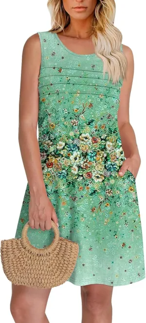 Women Summer Dresses Casual Beach Vacation Sundress Slim Striped Ruffle Floral Printed Hawaiian Tank Dress with Pockets