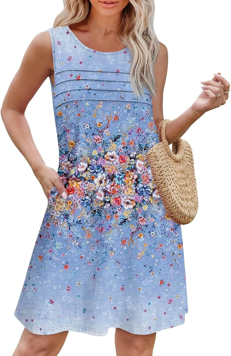 Women Summer Dresses Casual Beach Vacation Sundress Slim Striped Ruffle Floral Printed Hawaiian Tank Dress with Pockets