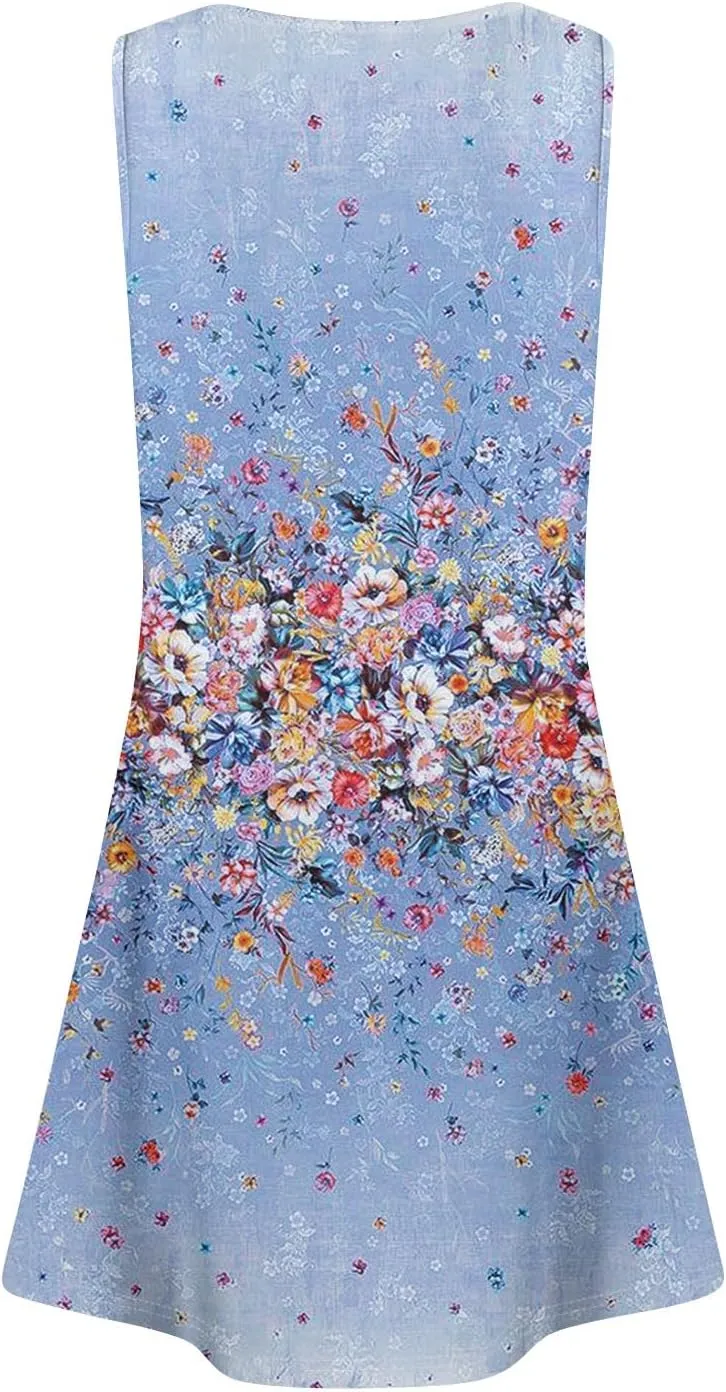Women Summer Dresses Casual Beach Vacation Sundress Slim Striped Ruffle Floral Printed Hawaiian Tank Dress with Pockets