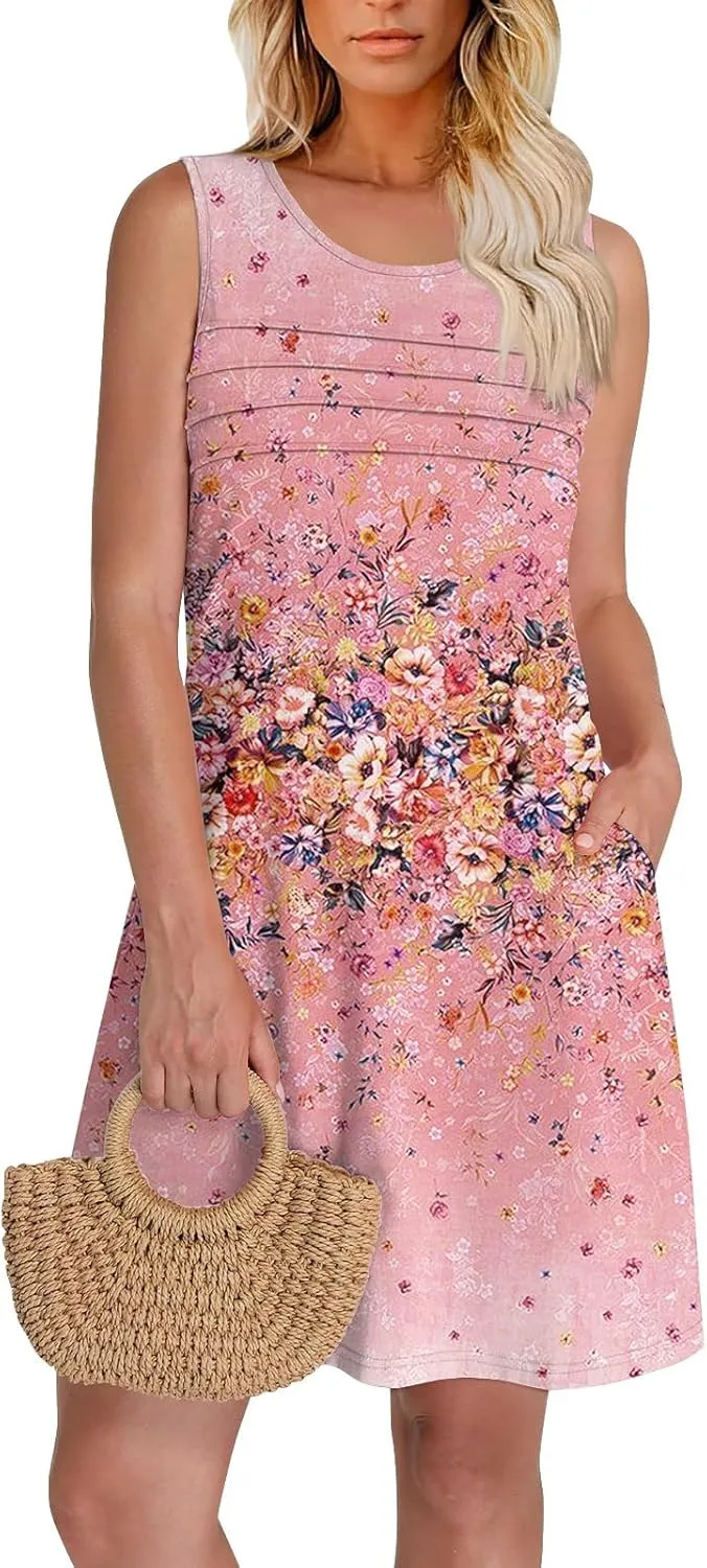 Women Summer Dresses Casual Beach Vacation Sundress Slim Striped Ruffle Floral Printed Hawaiian Tank Dress with Pockets