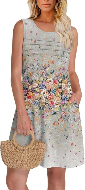 Women Summer Dresses Casual Beach Vacation Sundress Slim Striped Ruffle Floral Printed Hawaiian Tank Dress with Pockets