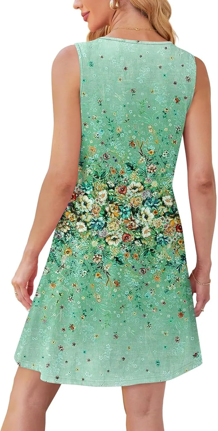 Women Summer Dresses Casual Beach Vacation Sundress Slim Striped Ruffle Floral Printed Hawaiian Tank Dress with Pockets