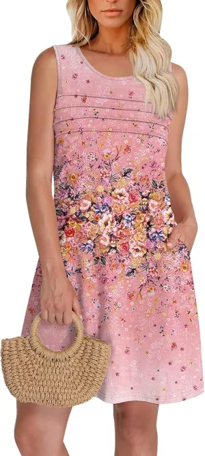 Women Summer Dresses Casual Beach Vacation Sundress Slim Striped Ruffle Floral Printed Hawaiian Tank Dress with Pockets