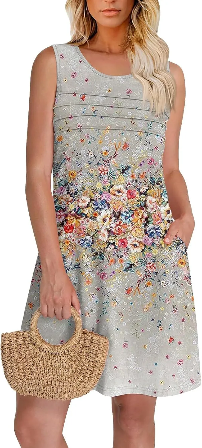 Women Summer Dresses Casual Beach Vacation Sundress Slim Striped Ruffle Floral Printed Hawaiian Tank Dress with Pockets