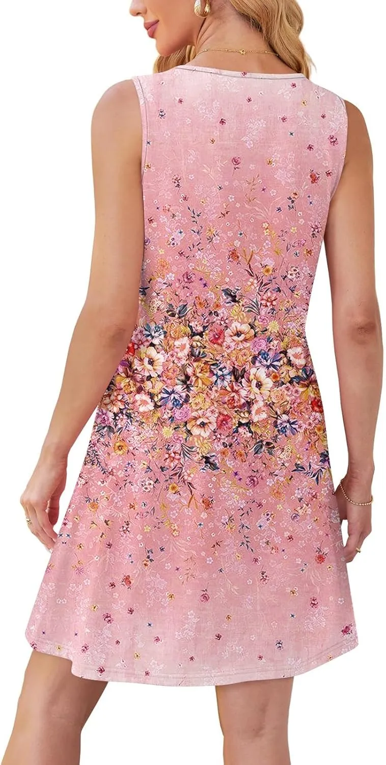 Women Summer Dresses Casual Beach Vacation Sundress Slim Striped Ruffle Floral Printed Hawaiian Tank Dress with Pockets