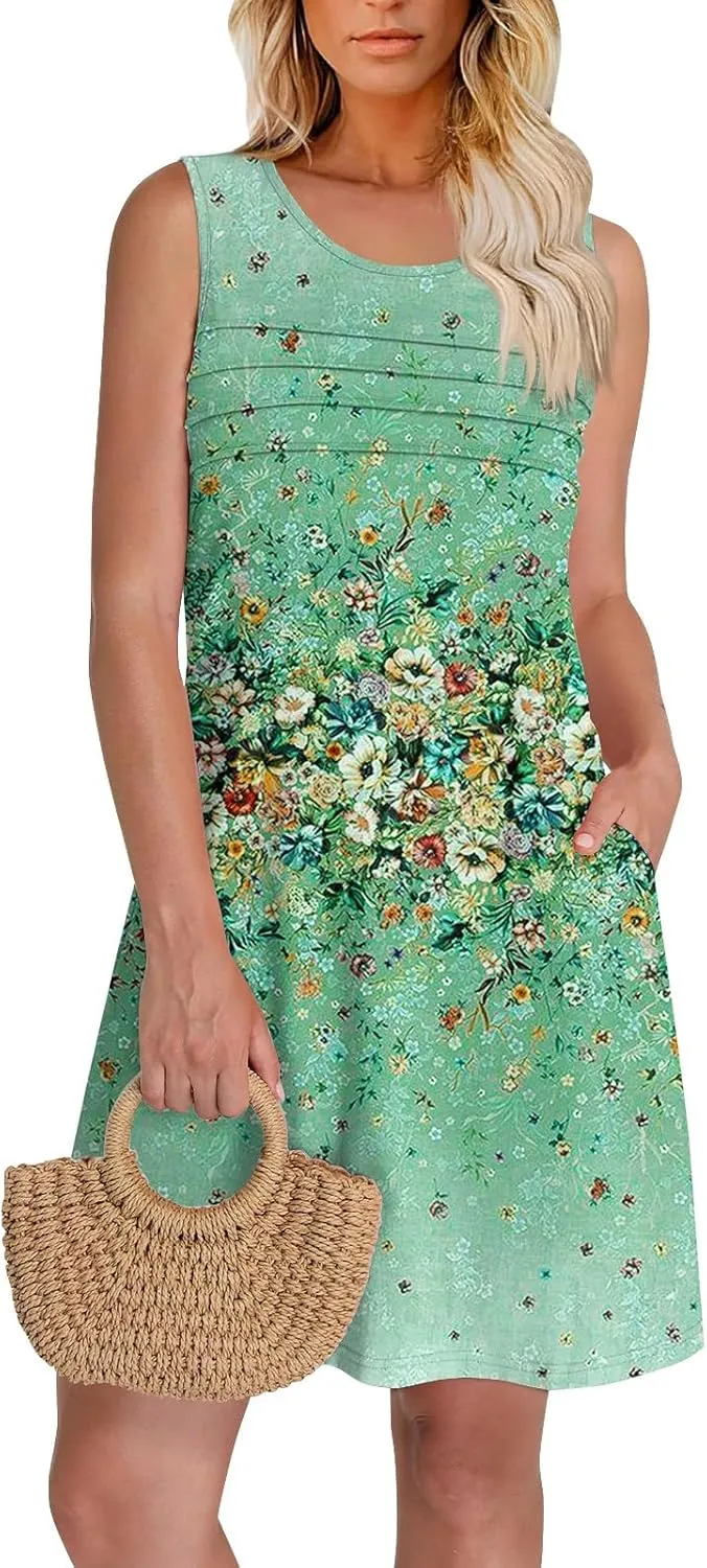 Women Summer Dresses Casual Beach Vacation Sundress Slim Striped Ruffle Floral Printed Hawaiian Tank Dress with Pockets