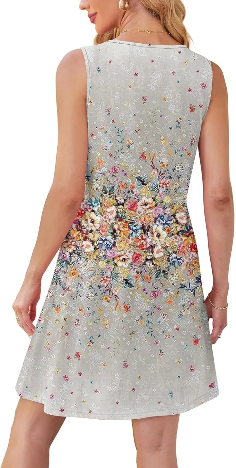 Women Summer Dresses Casual Beach Vacation Sundress Slim Striped Ruffle Floral Printed Hawaiian Tank Dress with Pockets