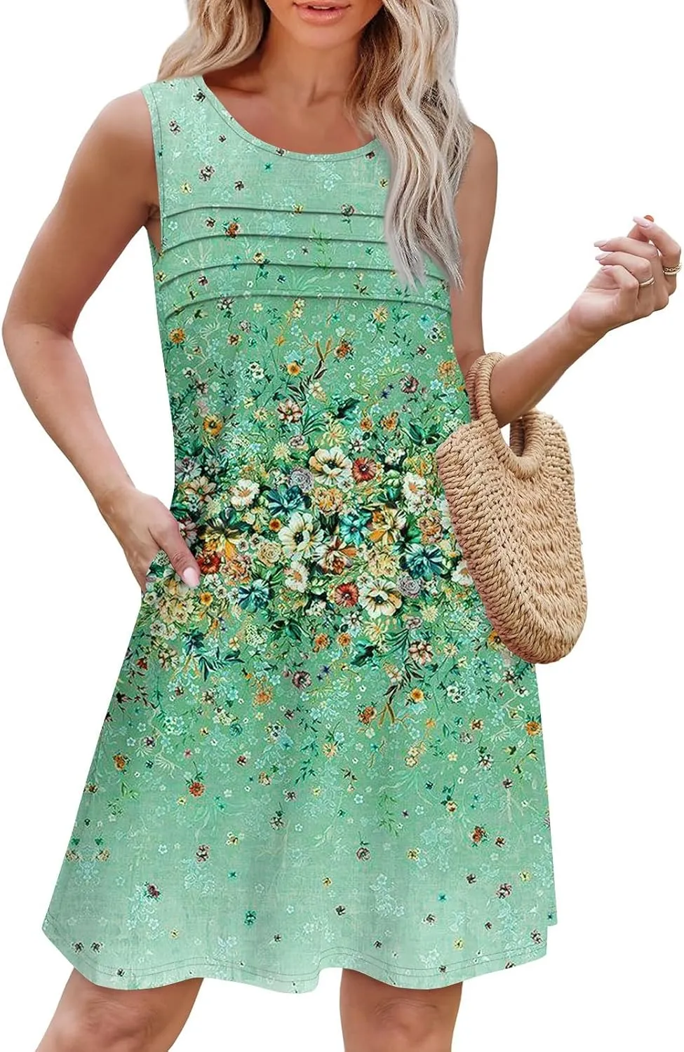 Women Summer Dresses Casual Beach Vacation Sundress Slim Striped Ruffle Floral Printed Hawaiian Tank Dress with Pockets