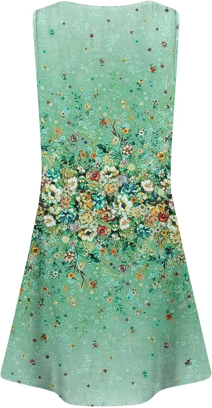 Women Summer Dresses Casual Beach Vacation Sundress Slim Striped Ruffle Floral Printed Hawaiian Tank Dress with Pockets
