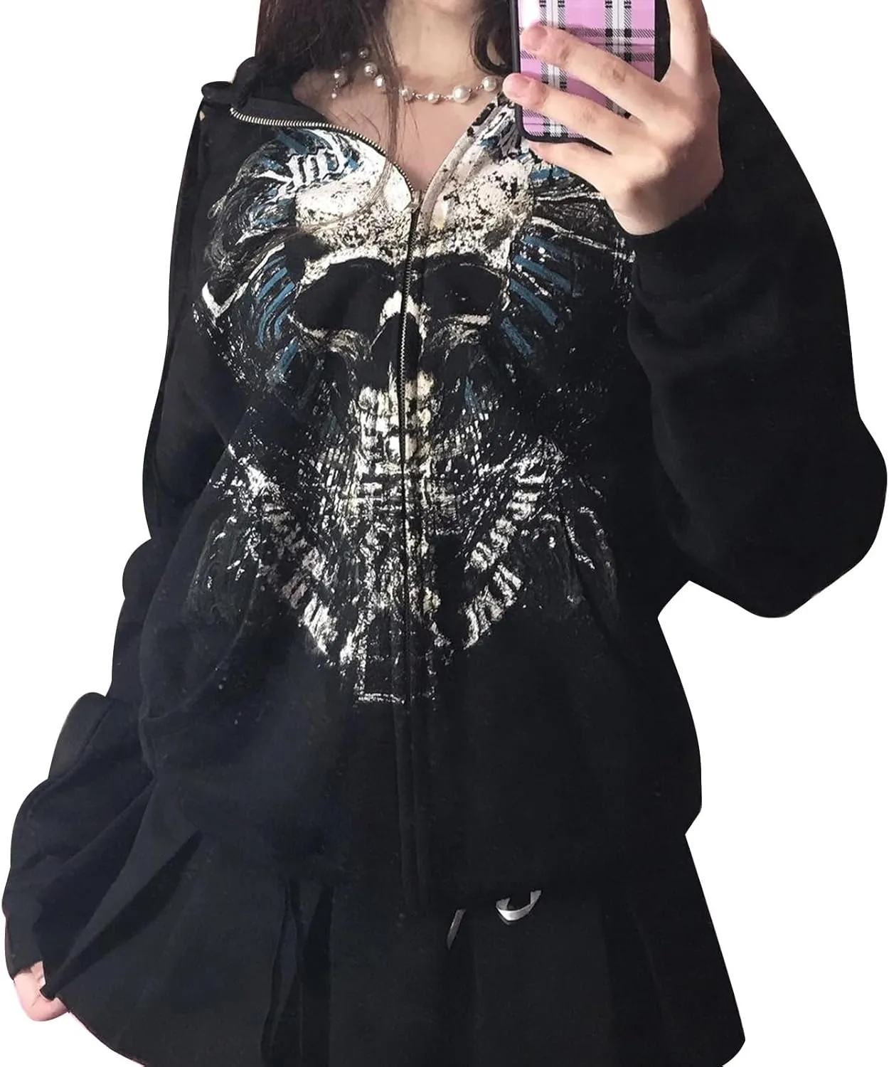 Women Zip Up Hoodie Gothic Graphic Long Sleeve Oversized Hooded Sweatshirt Hip Hop Harajuku Jackets with Pocket