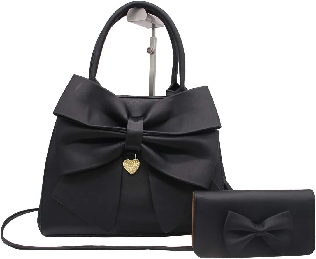 Women's 2 Pcs PU Leather Bow Shoulder Top-handle-handbags Satchel ToteBag Purse Black