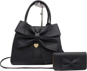 Women's 2 Pcs PU Leather Bow Shoulder Top-handle-handbags Satchel ToteBag Purse Black