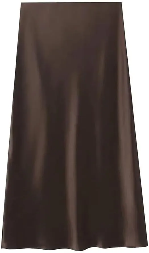 Women's A-Line High Waist Thread Satin Texture Midi Long Skirt Solid Color Slim Fit Skirt