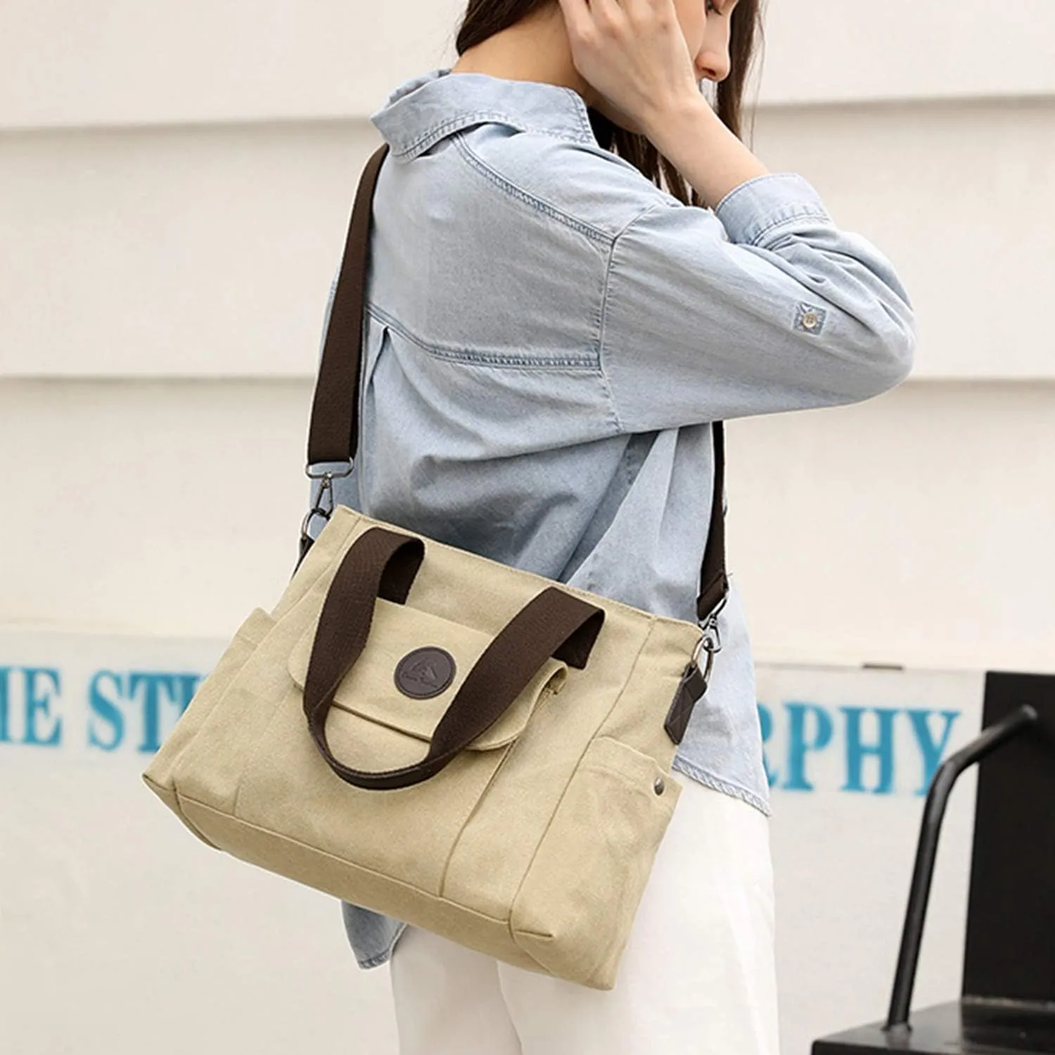 Women's Casual Canvas Shoulder Bags Tote Purse Top Handle Handbags Work Crossbody Satchel (Grey)