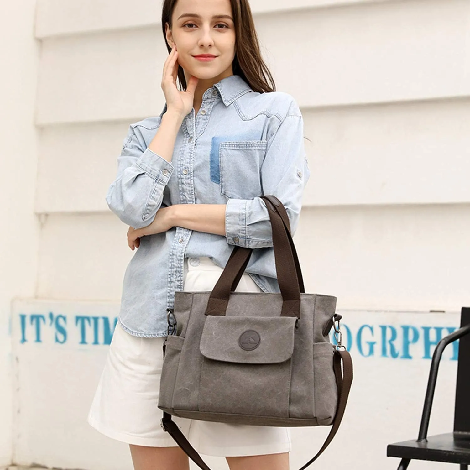 Women's Casual Canvas Shoulder Bags Tote Purse Top Handle Handbags Work Crossbody Satchel (Grey)