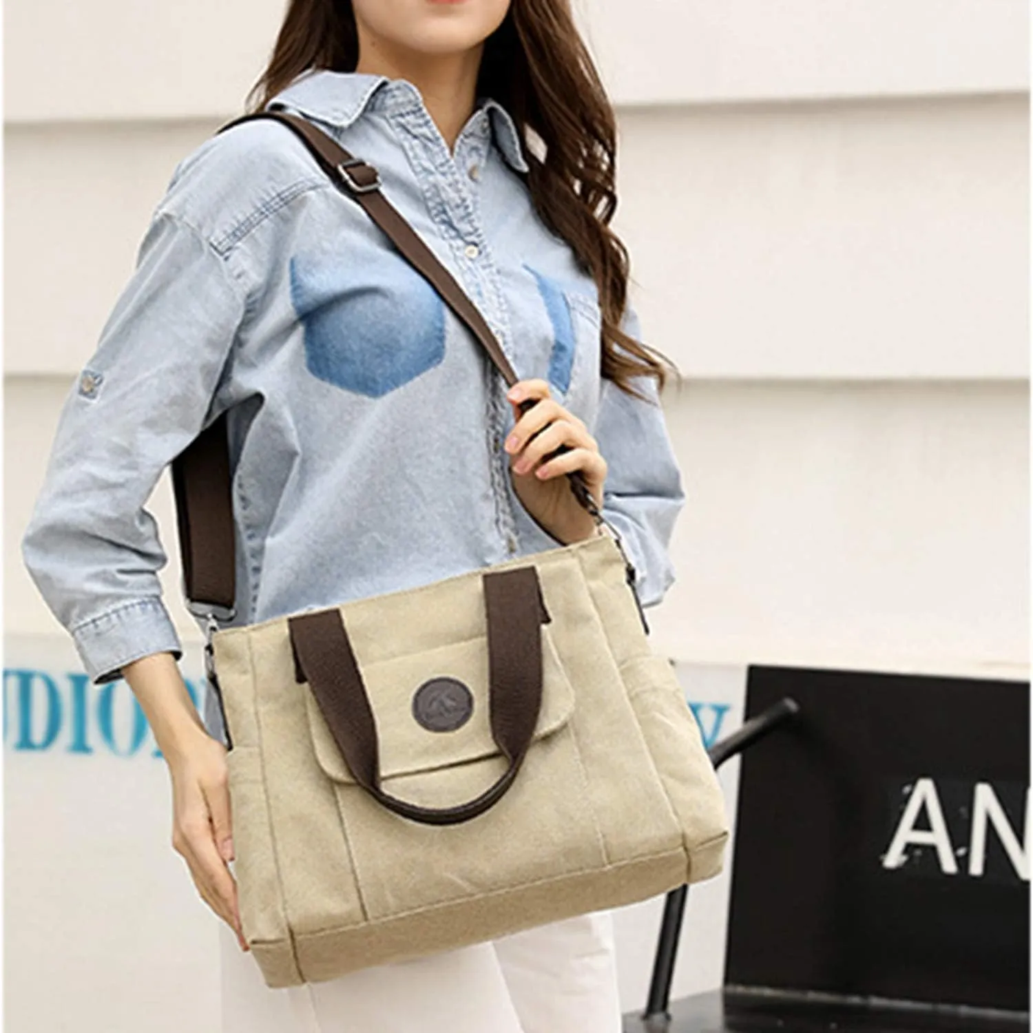 Women's Casual Canvas Shoulder Bags Tote Purse Top Handle Handbags Work Crossbody Satchel (Grey)