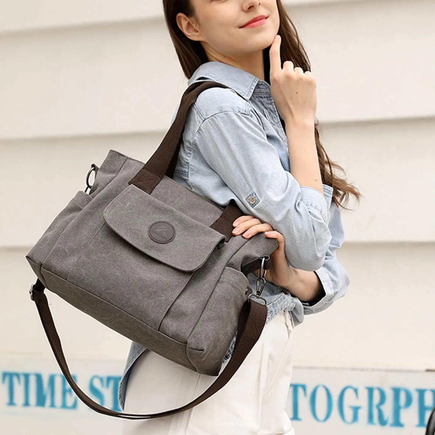 Women's Casual Canvas Shoulder Bags Tote Purse Top Handle Handbags Work Crossbody Satchel (Grey)