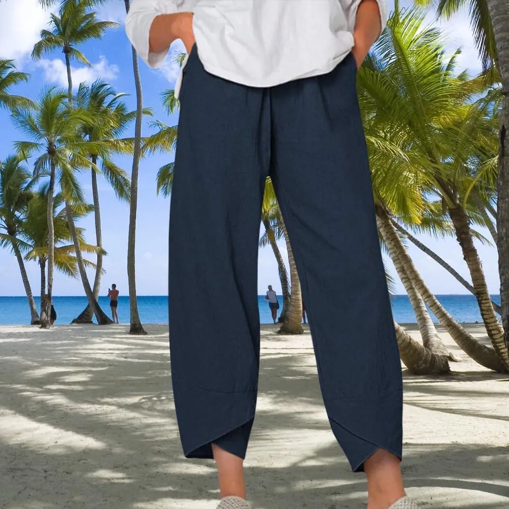 Womens Cotton Linen Capri Pants Boho Wide Leg Loose Palazzo Cropped Pants Summer Casual Baggy Trousers with Pockets