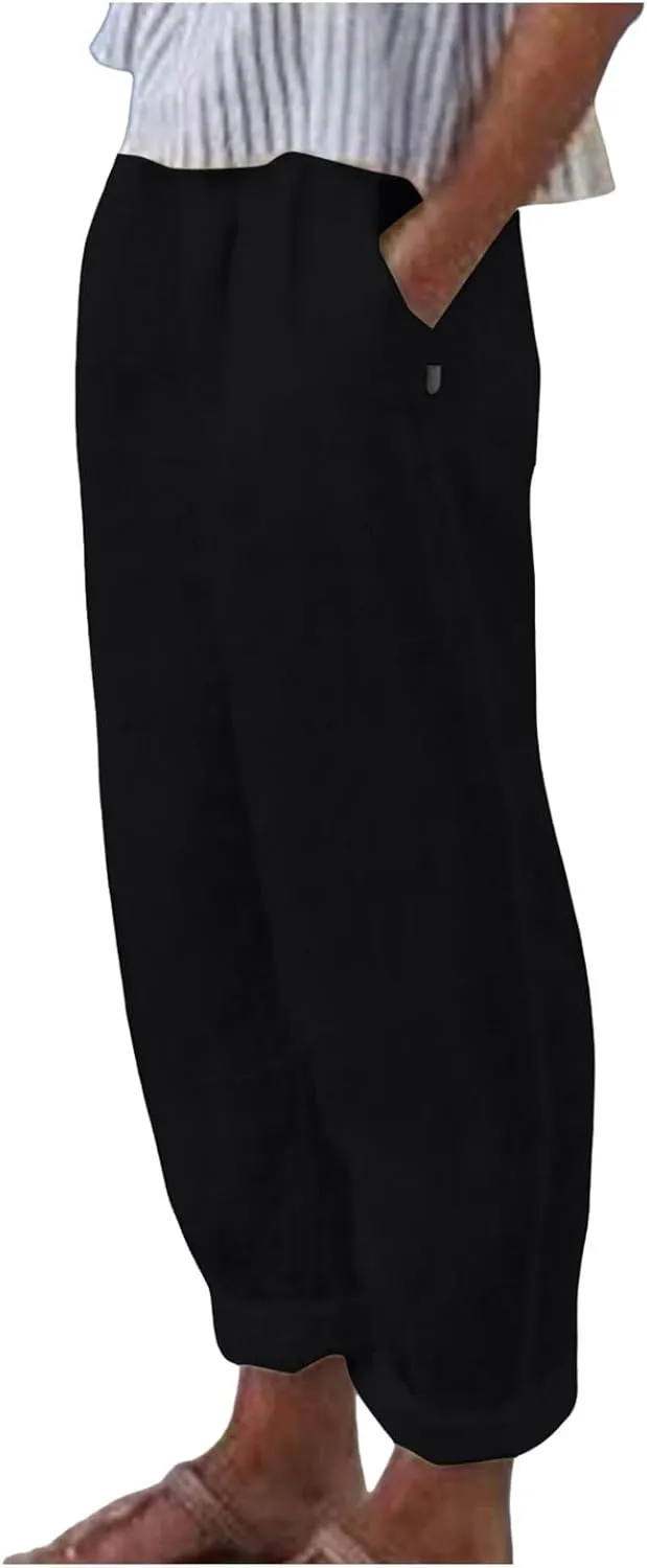 Women's Cotton Linen Pants Plus Size Elastic High Waist Comfy Straight Trouser Summer Casual Loose Pant with Pockets