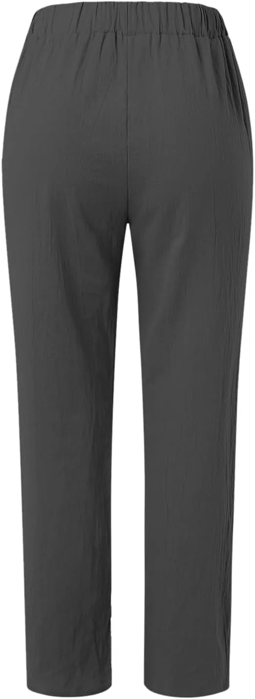 Women's Cotton Linen Pants Plus Size Elastic High Waist Comfy Straight Trouser Summer Casual Loose Pant with Pockets