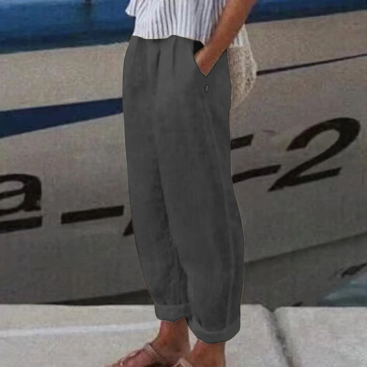 Women's Cotton Linen Pants Plus Size Elastic High Waist Comfy Straight Trouser Summer Casual Loose Pant with Pockets