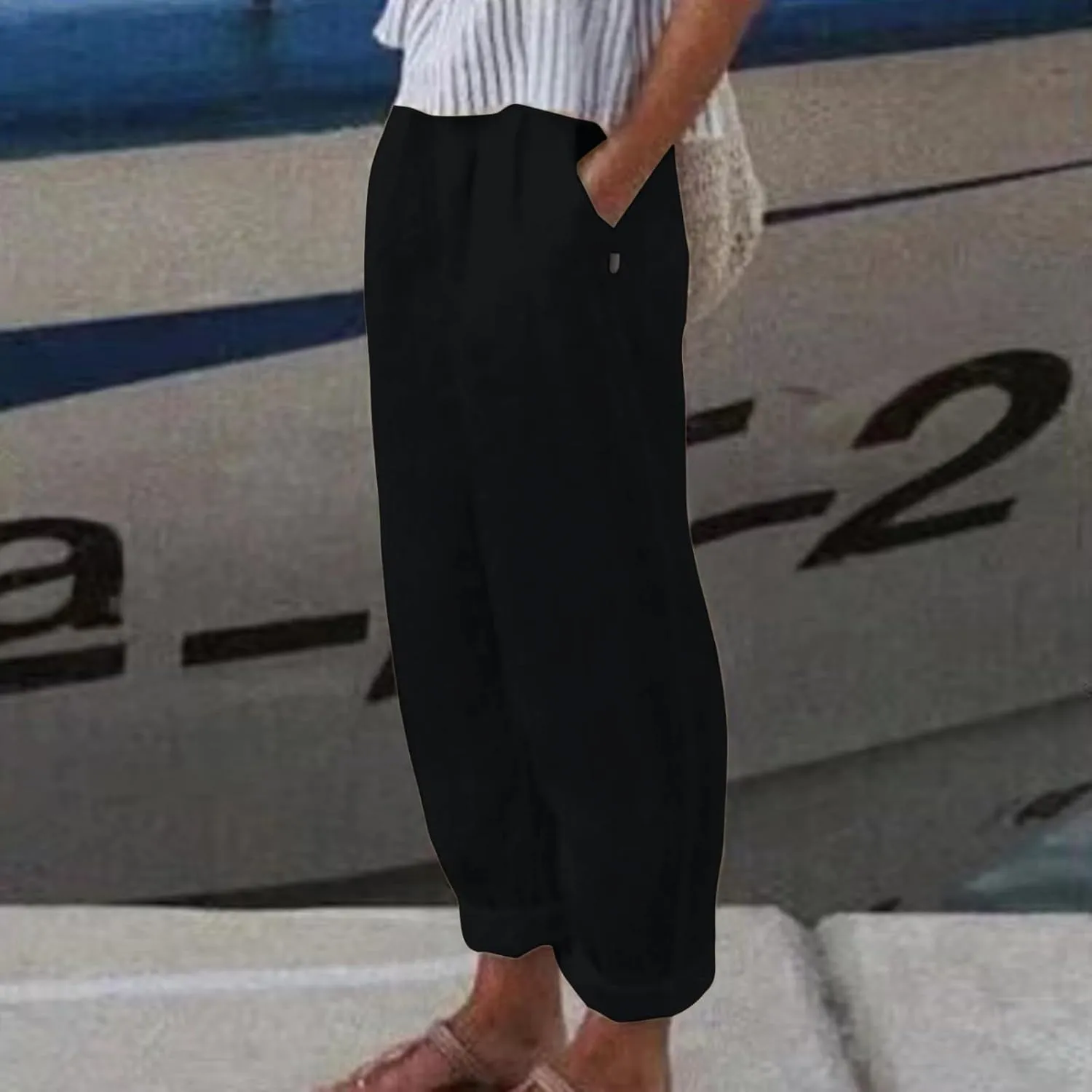 Women's Cotton Linen Pants Plus Size Elastic High Waist Comfy Straight Trouser Summer Casual Loose Pant with Pockets