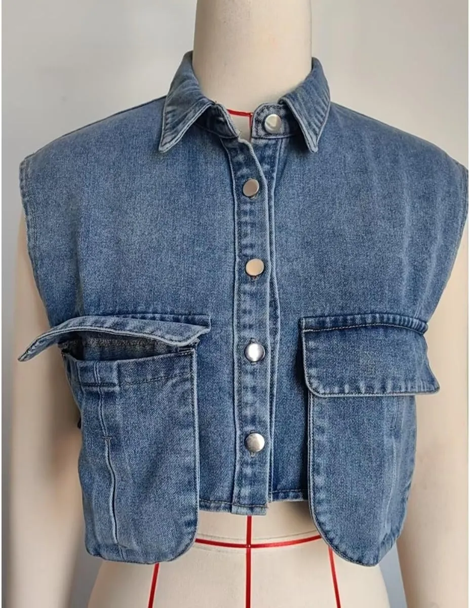 Women's Cropped Denim Top Button Down Shirt Vest with Pockets Summer Casual Trend Denim Sleeveless Jacket