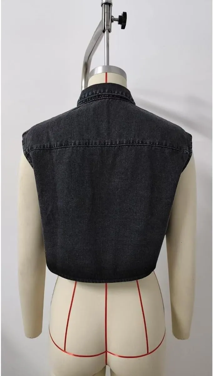 Women's Cropped Denim Top Button Down Shirt Vest with Pockets Summer Casual Trend Denim Sleeveless Jacket