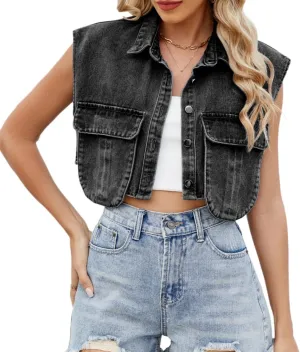 Women's Cropped Denim Top Button Down Shirt Vest with Pockets Summer Casual Trend Denim Sleeveless Jacket