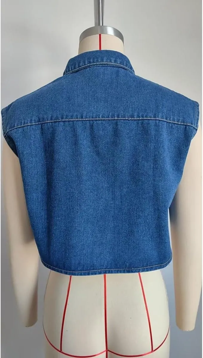 Women's Cropped Denim Top Button Down Shirt Vest with Pockets Summer Casual Trend Denim Sleeveless Jacket
