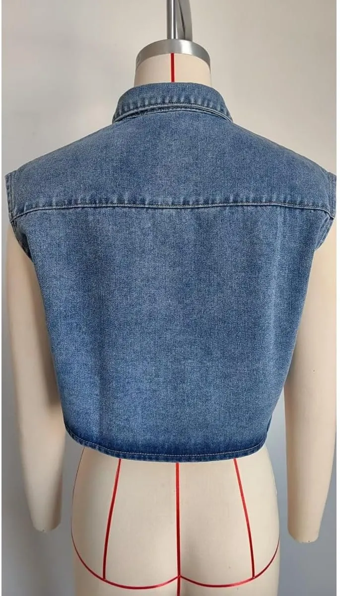 Women's Cropped Denim Top Button Down Shirt Vest with Pockets Summer Casual Trend Denim Sleeveless Jacket