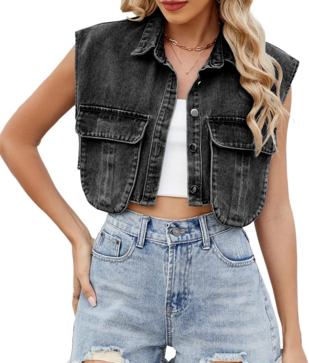 Women's Cropped Denim Top Button Down Shirt Vest with Pockets Summer Casual Trend Denim Sleeveless Jacket
