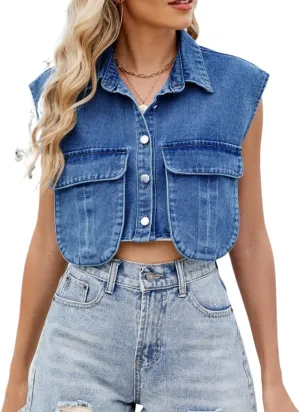 Women's Cropped Denim Top Button Down Shirt Vest with Pockets Summer Casual Trend Denim Sleeveless Jacket