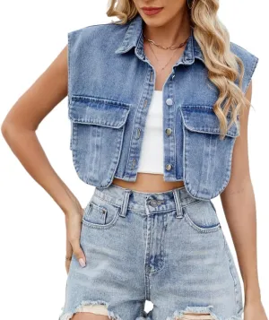 Women's Cropped Denim Top Button Down Shirt Vest with Pockets Summer Casual Trend Denim Sleeveless Jacket