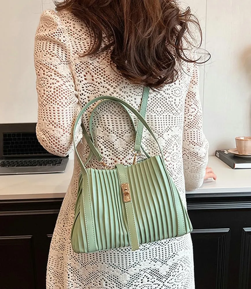 Womens Fashion Shoulder Crossbody Bags Large Vegan leather Tote Purse Bucket Handbags Pleated Top Handle Satchel