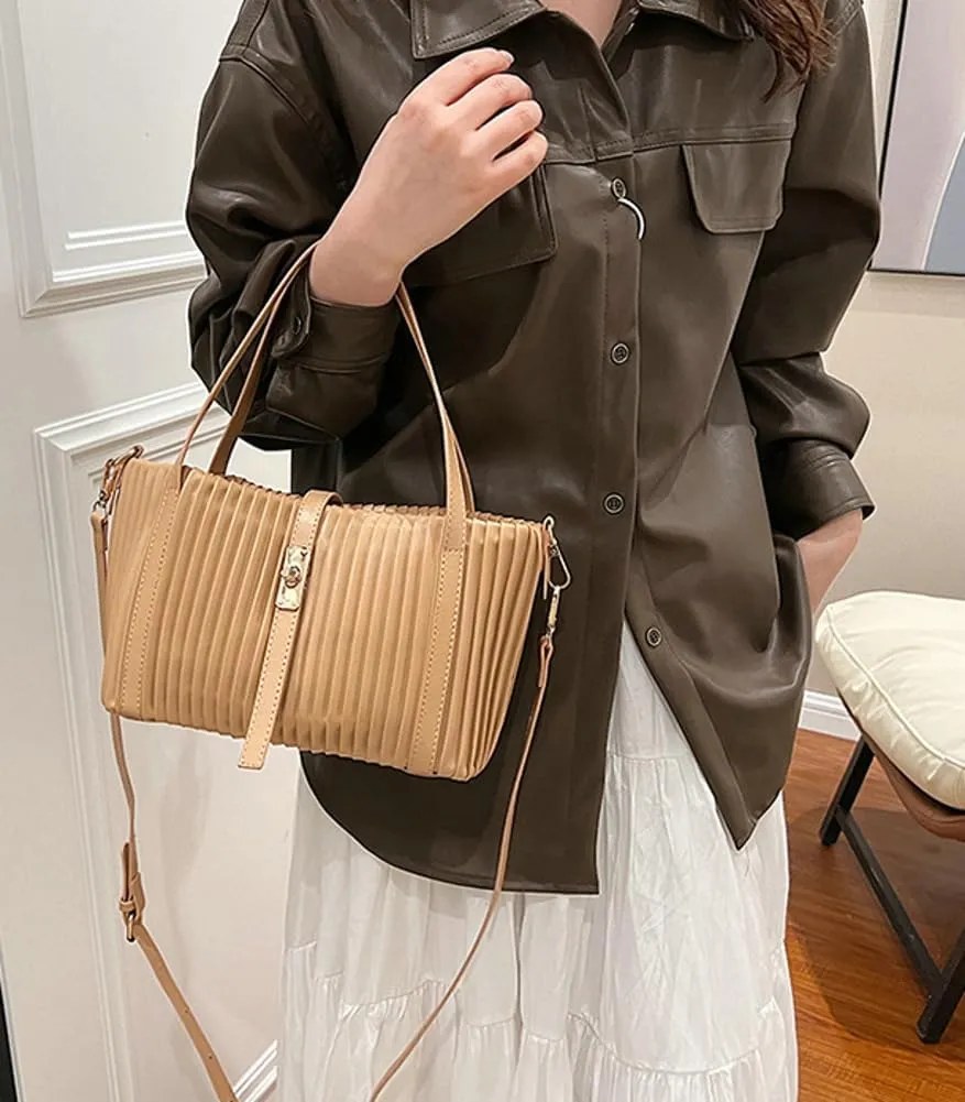 Womens Fashion Shoulder Crossbody Bags Large Vegan leather Tote Purse Bucket Handbags Pleated Top Handle Satchel