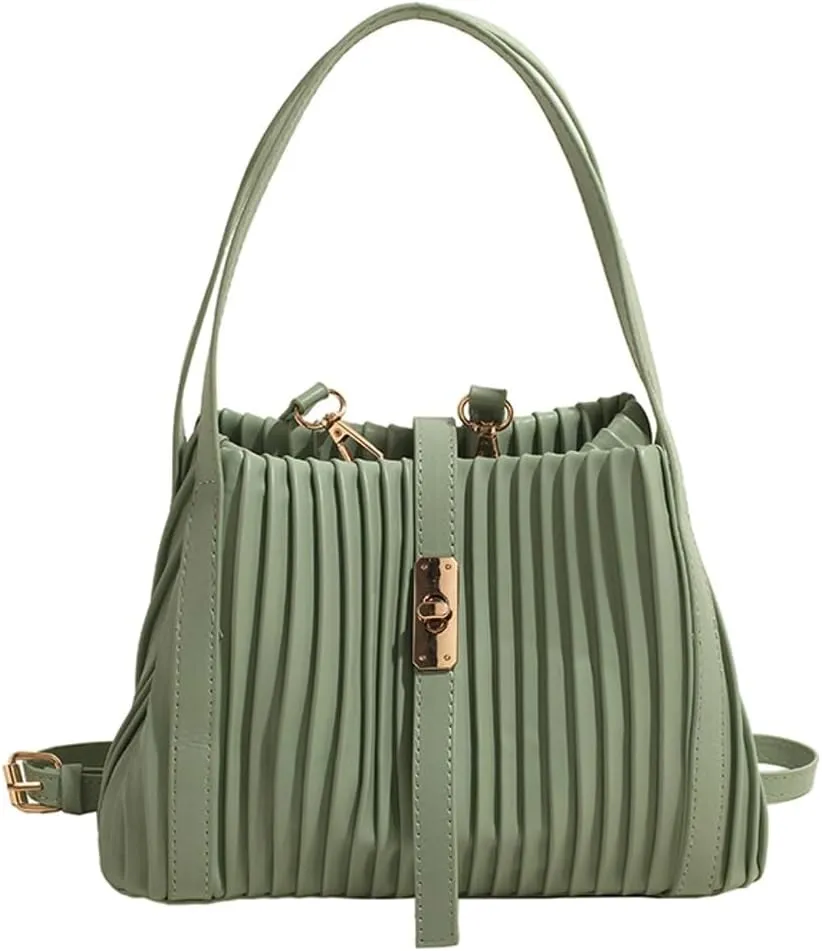Womens Fashion Shoulder Crossbody Bags Large Vegan leather Tote Purse Bucket Handbags Pleated Top Handle Satchel