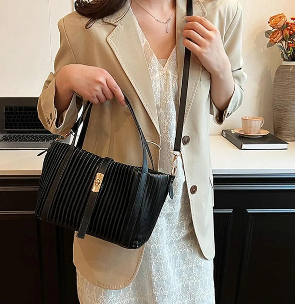 Womens Fashion Shoulder Crossbody Bags Large Vegan leather Tote Purse Bucket Handbags Pleated Top Handle Satchel