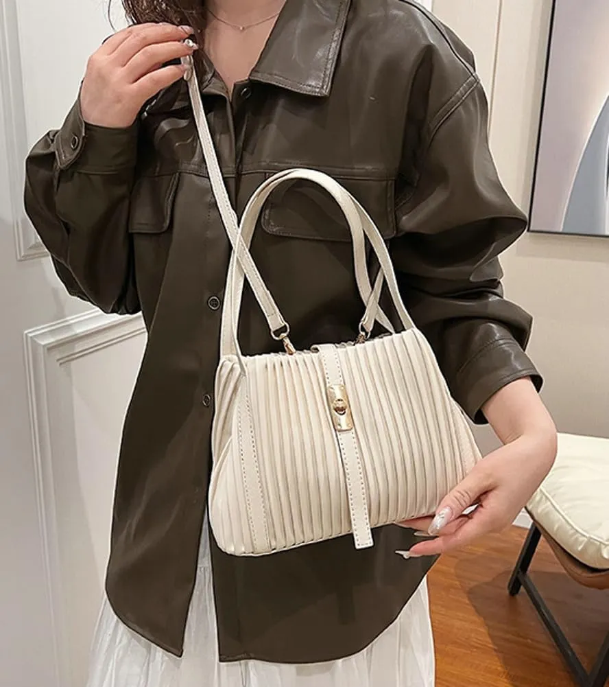 Womens Fashion Shoulder Crossbody Bags Large Vegan leather Tote Purse Bucket Handbags Pleated Top Handle Satchel