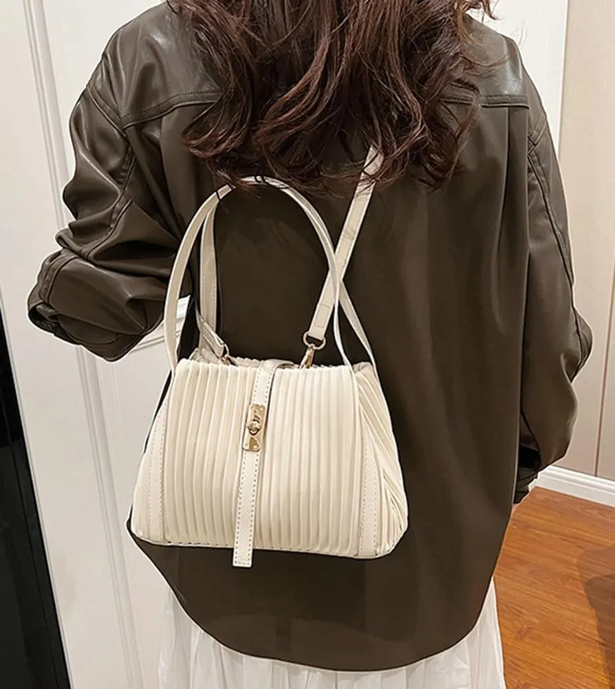 Womens Fashion Shoulder Crossbody Bags Large Vegan leather Tote Purse Bucket Handbags Pleated Top Handle Satchel