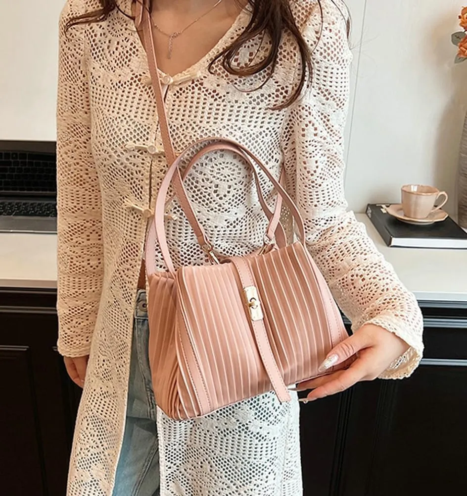 Womens Fashion Shoulder Crossbody Bags Large Vegan leather Tote Purse Bucket Handbags Pleated Top Handle Satchel